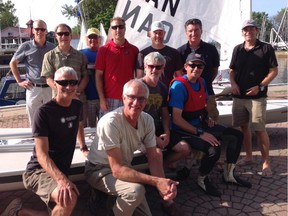 A group of Ottawa sailors reunited and trained Wednesday nights to prepare
for the recent world masters Laser championships in Kingston. Back row,
left to right: Andrew Fraser, Michael Scrivens, Bill Fuller, Jonathan
Clark, Matthew Hobbs, John Rae and Jean Levac; front row, left to right:
Jonathan Boocock, George Pickering, John Brooman and Chris Klotz.
Missing are Duncan Withrow and Jason McKenna.