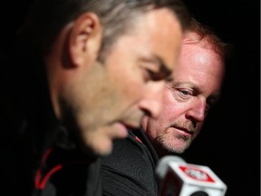 Jeff Hunt (R) made an announcement about a major new initiative to increase the Ottawa 67's attendance. Coach and General Manager Jeff Brown (L) announced that Travis Konecny will return to the club this season.