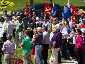 Demonstrators for the unions gather at Tunney's Pasture in May to protest constraints placed on the scientific community by the federal government.