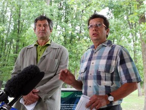 Michael Rosen, left, president of Tree Canada and Mario Fournier, manager of urban land use for the NCC talk about the the fight against the Emerald Ash Borer.