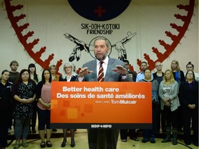 NDP leader Tom Mulcair makes a campaign stop at the Sik-Ooh-Kotok Friendship Centre in Lethbridge, Alta. on Tuesday.