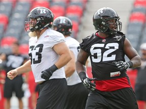 Newly acquired Shawn Lemon (52) of the Ottawa Redblacks participates in drills at TD Place on Tuesday.