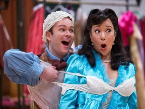 Joshua Hopkins (Figaro), and mezzo-soprano Marion Newman (Rosina) perform a scene from Opera Lyra's production of The Barber of Seville.