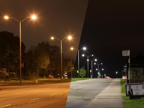 2014 composite photo shows LED street lights on right on Carling Ave. and old style streetlights looking east, across the street from Civic Campus of The Ottawa Hospital.