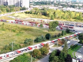 Photo taken on the morning of September 8, 2015 looking at the traffic jam of OC Transpo buses at Hurdman station.