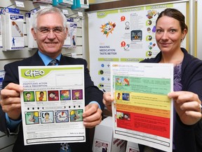Regis Vaillancourt, director of pharmacy at CHEO, has been developing pictographs to make sure patients get the right doses of medicine despite high "health illiteracy rates" His work is helping Syrian refugees arriving in Germany as well as young patients at CHEO emergency. He is photographed with Dr. Annie Pouliot, Project Coordinator.