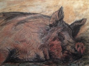Pig Sleeping (acrylic on paper, 22x30 in, 2015), by Russell Yuristy at Cube Gallery in Ottawa.