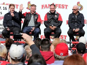Files: Former Ottawa Senators front office Randy Lee, Daniel Alfredsson Pierre Dorion, and Bryan Murray talk to the fans at Canadian Tire Centre on Sept. 20, 2015.