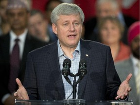 Conservative Leader Stephen Harper speaks about the Syrian refugee crisis during a campaign event in Surrey, B.C.,  Thursday September 3, 2015.