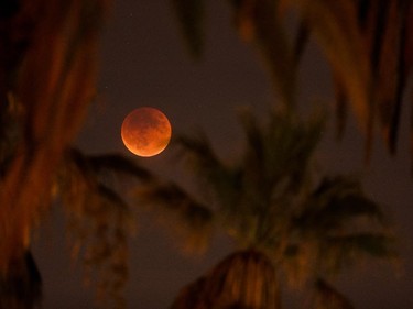 An eclipsed supermoon is shown on September 27, 2015 in Los Angeles, California. A supermoon occurs when a full moon coincides with its perigee, which is its closest approach to the Earth. A lunar eclipse and a supermoon won't occur together until 2033.