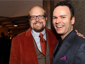 They may be enemies on stage in The Barber of Seville but baritones Peter McGillivray (Bartolo), left, and Joshua Hopkins (Figaro),originally from Pembroke, got along just fine at the opening night party on Saturday, September 26, 2015, for Rossini's classic opera at the National Arts Centre. (Caroline Phillips / Ottawa Citizen)