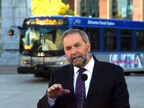 NDP Leader Tom Mulcair delivers a statement in downtown Edmonton.