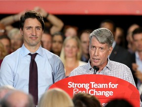 Thy were packed in like sardines at The Shenkman Arts Centre in Orleans Monday, Sept. 21, 2015,  at a rally for the leader of the Liberal Party of Canada, Justin Trudeau. Liberal candidate, Retired Lt-Gen. Andrew Leslie (right), arrived with Mr. Trudeau. (Julie Oliver / Ottawa Citizen)