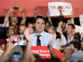 Liberal Leader Justine Trudeau speaks to a crowd of supporters Monday at The Shenkman Arts Centre in Orléans during a rally supporting Liberal candidate retired lieutenant-general Andrew Leslie.