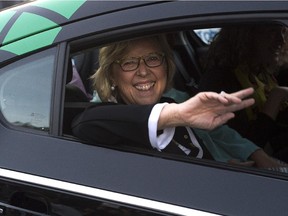 Green Party Leader Elizabeth May arrives for the French-language leaders' debate in Montreal on Thursday, Sept. 24, 2015.