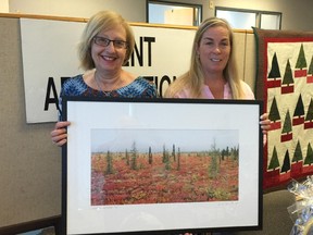 Longtime Reach Auction volunteers Christina McKenny Robbins, left, and Stacey Santaguida hold a photograph called 'Northern Landscapes' by local artist Mark Schacter. It will be one one of hundreds of auction items.