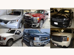 Police photo of stolen vehicles seized as part of investigation into auto theft ring.