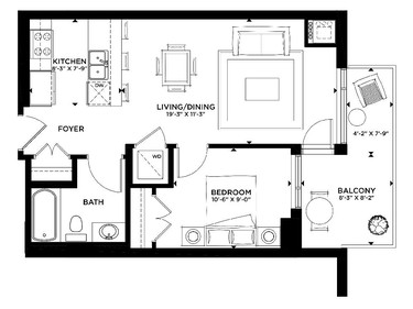 The smallest unit is a 593-square-foot one-bedroom with balcony.