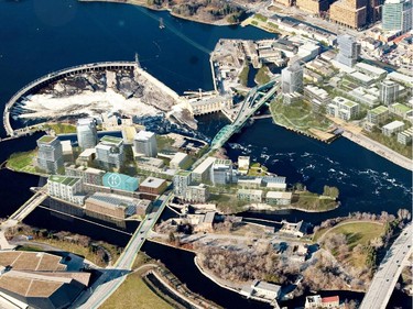 Kanaal, shown here with the letter K superimposed over the building, will face the canal known as Buchanan Channel, a narrow strip of water separating Chaudière and Albert islands. (Other buildings shown on this plan have not yet been designed and merely give an indication of what the site will be like.)