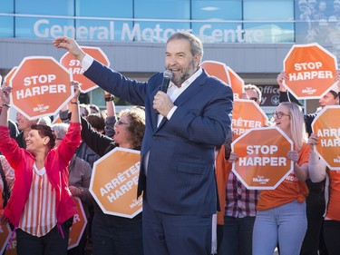 NDP Leader Tom Mulcair speaks to supporters Tuesday, October 13, 2015 in Oshawa, Ont. THE CANADIAN PRESS/Ryan Remiorz