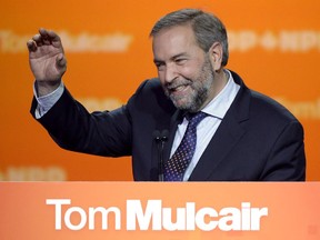 NDP Leader Tom Mulcair speaks to supporters, Monday, Oct. 19, 2015.