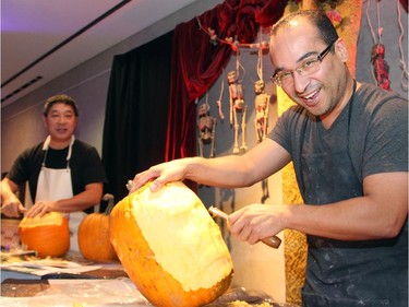 Adrian Garcia was carving elaborate pumpkins as part of the Halloween-themed ARTinis, an annual benefit soirée for the AOE Arts Council, held at the Shenkman Arts  Centre on Thursday, October 29, 2015.