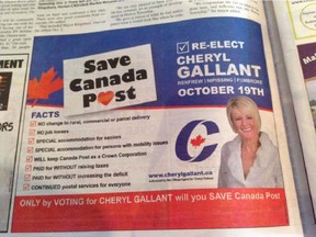 An ad placed in the North Renfrew Times and other Ottawa Valley newspapers by Conservative MP Cheryl Gallant's re-election campaign claims that only by voting for her can Renfrew-Nipissing-Pembroke residents save Canada Post.