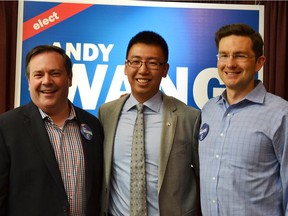 Andy Wang, centre, with prominent Conservatives Jason Kenney and Pierre Poilievre: 'I'm my own man.'