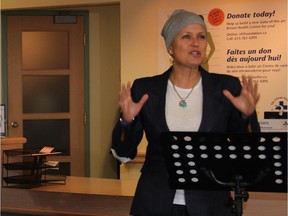CBC News co-anchor Lucy van Oldenbarneveld speaks about her experience with cancer Thursday at a fundraising announcement for an expanded breast health centre.