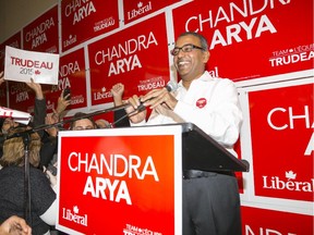 Chandra Arya speaks to supporters at his campaign office after officially winning the riding of Nepean, October 19, 2015.