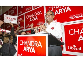 Chandra Arya speaks to supporters at his campaign office after his win in Nepean.