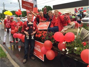 Chris Rodgers with the Team Trudeau float at the Manotick Dickinson Days Parade. He's a public servant on leave to run in this election.