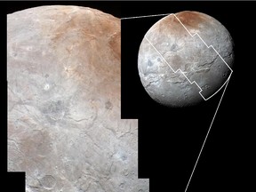 A combo of several images of Charon. They've nicknamed the reddish area up top "Mordor Macula." Macula just means a discoloured spot.