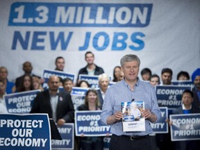 Conservative Leader Stephen Harper holds a copy of his party's platform during a campaign stop in Richmond, B.C.