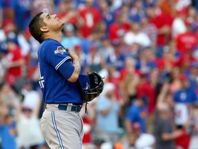 Roberto Osuna #54 of the Toronto Blue Jays celebrates the Blue Jays 8-4 win against the Texas Rangers in game four of the American League Division Series at Globe Life Park in Arlington on October 12, 2015 in Arlington, Texas.
