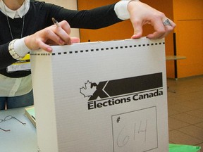 Election worker Katie Dudzik closes up a ballot box while helping to prepare for voters as advance polls for the October 19 federal election open for 4 days including Thanksgiving Day.