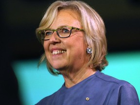 Green Party leader Elizabeth May, speaks to speaks to media after finding out she's been re-elected during election night at the Victoria Conference Centre in Victoria, B.C., Monday, October 19, 2015.
