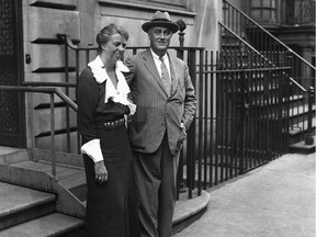 In this 1933 file photo, President Franklin D. Roosevelt and first lady Eleanor Roosevelt stand in front of their town house on the Upper East Side in New York.