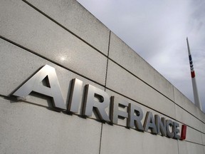 The logo carrier Air France is pictured at the headquarters in Roissy, northeast of Paris.