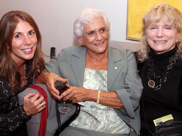 From left, Claire Greenberg with Shirley Greenberg, patron of The Match International Women's Fund, and Susan Tanner at a reception held Wednesday, October 28, 2015, to honour Greenberg.