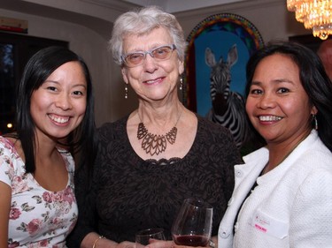 From left, Julie Ma, communication and development officer at The Match International Women's Fund, with Joan Garnett and Bel Angeles, director of operations, at a private event hosted Wednesday, October 28, 2015, to honour the organization's patron, Shirley Greenberg.