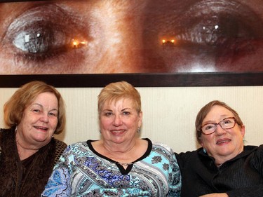 From left, Mary Lou Levisky, Elva Winters and advisory council member Diana Rivington relax on the couch, beneath an artwork by contemporary Canadian photographer GeneviËve Cadieux, during a private event hosted Wednesday, October 28, 2015, for The Match International Women's Fund and its patron, Shirley Greenberg.