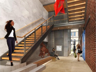 Green features include the use of reclaimed industrial doors in the lobby.