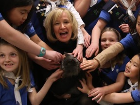 Laureen Harper and the  194th Barrhaven Girl Guides pet a cat named Diamond during a tour of the Ottawa Humane Society in January.