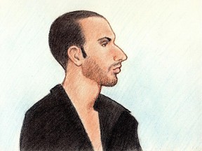 A sketch depicts Rene Goudreau, who is accused of killing his mother, 53-year-old Lucie Goudreau.