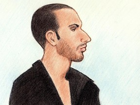 Rene Goudreau, seen in a courtroom sketch, was found guilty Wednesday of first-degree murder in the November 27, 2012 fire death of his mother.