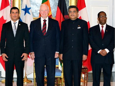 Gov. Gen. David Johnston received credentials from Panamanian Ambassador Alberto Arosemena Medina, Sri Lankan High Commissioner  Ahmed Aflel Jawad and Malawian Ambassador Necton Darlington Mhura.