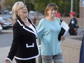 Green party Leader Elizabeth May and her daughter Cate May Burton arrive for the French-language debate in Montreal on Thursday September 24, 2015.