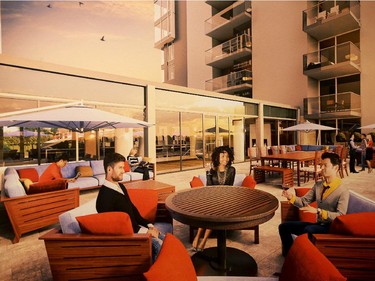 The grand terrace on the second floor is one of two outdoor spots offering plenty of lounging space for all residents.