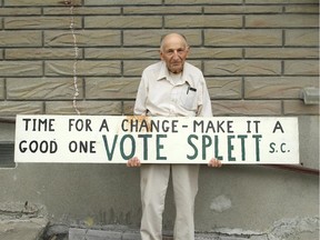 Harry Splett, Independent candidate in Nepean, holds a sign he used when he first ran for federal office, in 1962.